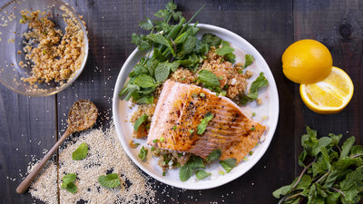 Grilled salmon with quinoa-blood orange larb