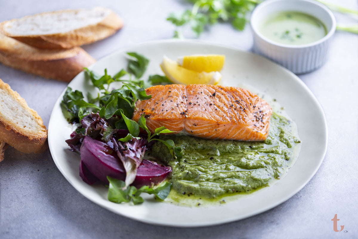 Salmon with Cannellini bean and Coriander puree