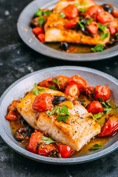 Snow Fish with sicilian cherry tomato sauce