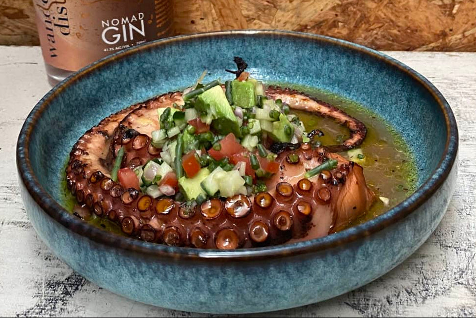 BBQ Fremantle Octopus with Jambinu Zest/ Nomad Gin Aguachile / Samphire Salsa Fresca