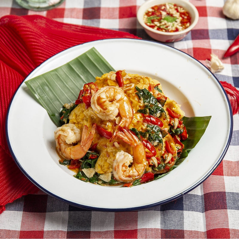 Prawns & Soft Omelette On Rice With Spicy Basil